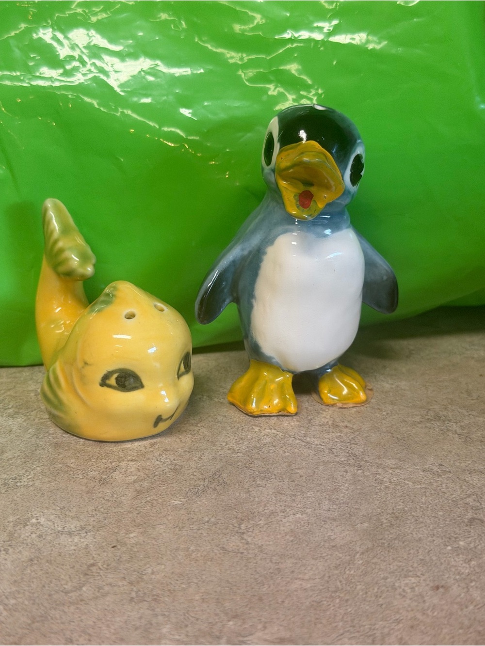 Vintage Penguin and Fish Salt & Pepper Shaker Set - Yellow & Blue